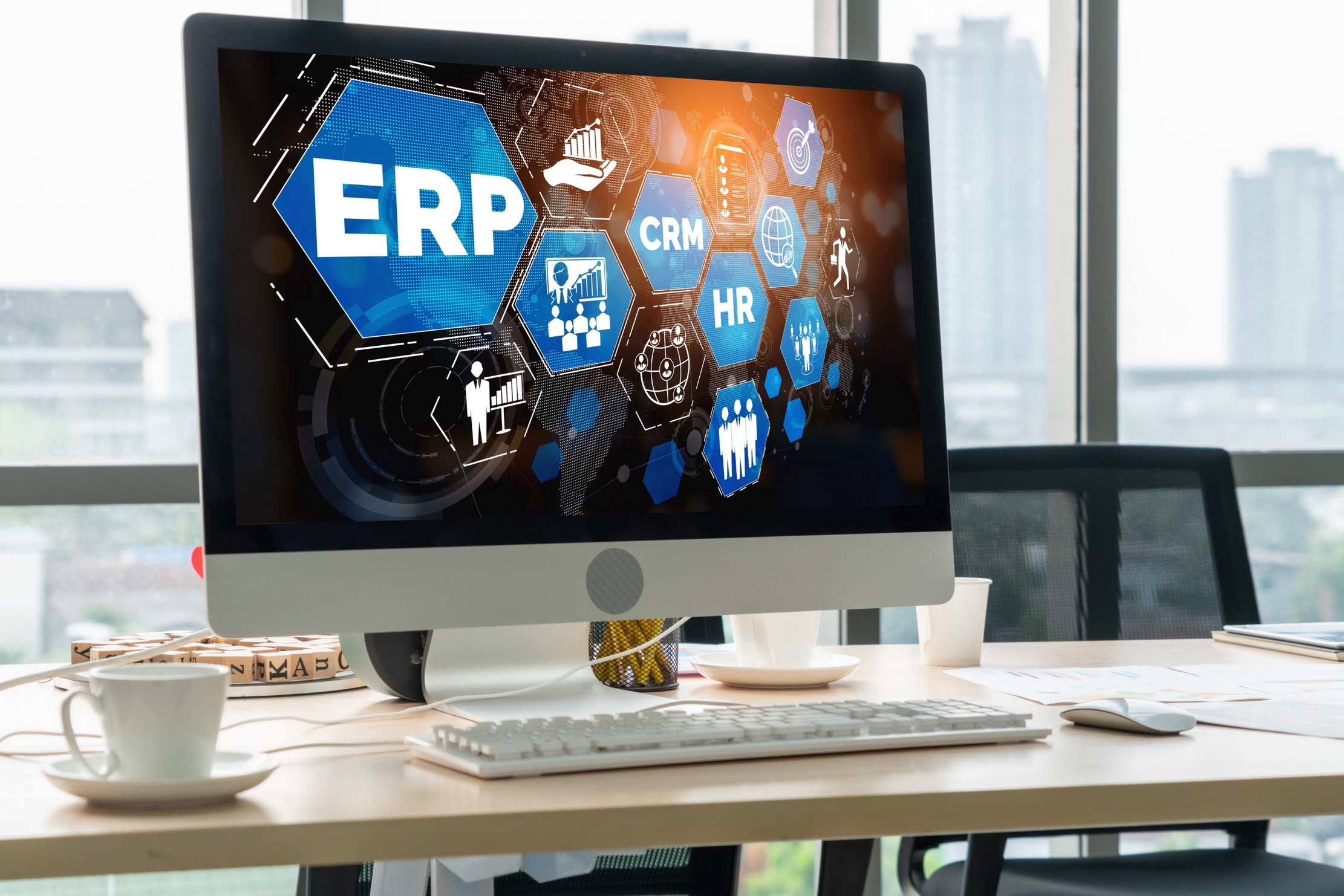 ERP software system overview with business documents and digital technology