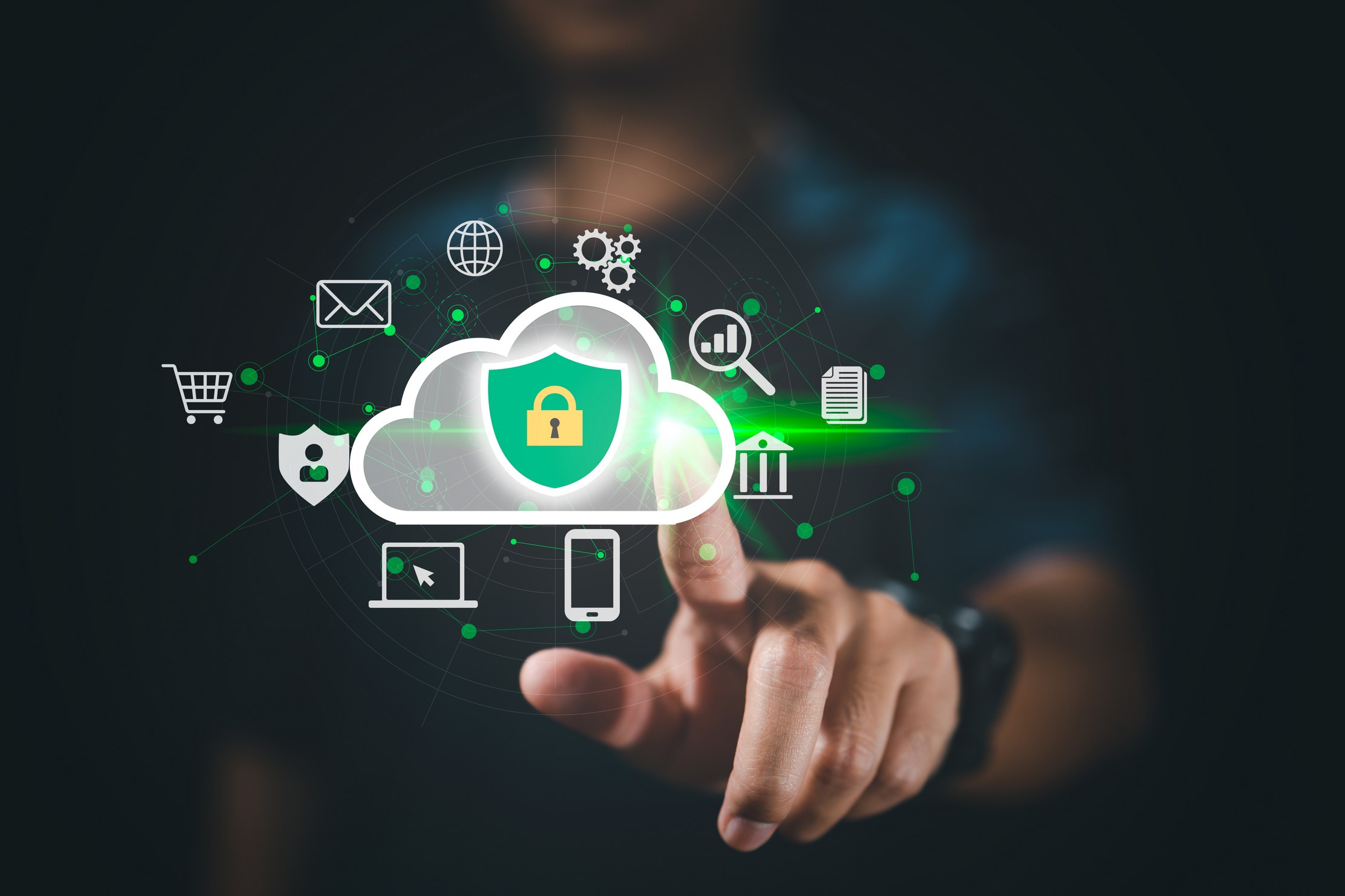 Cloud security concept with tablet showing global data protection